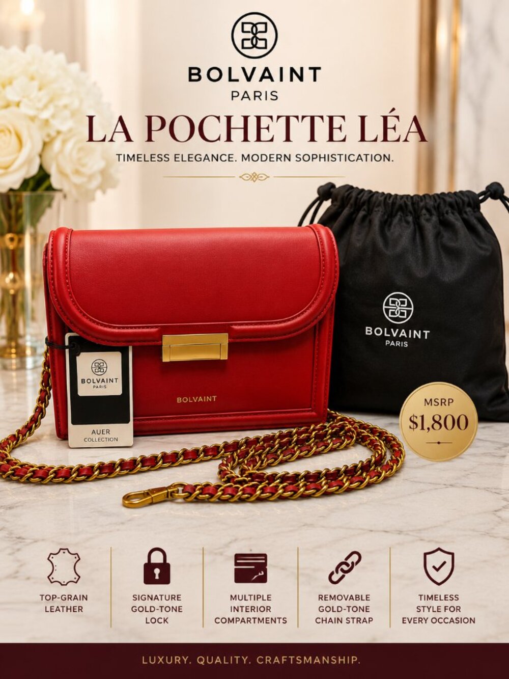 Bolvaint La Pochette Léa Red Leather Clutch Crossbody Gold Chain Luxury Bag